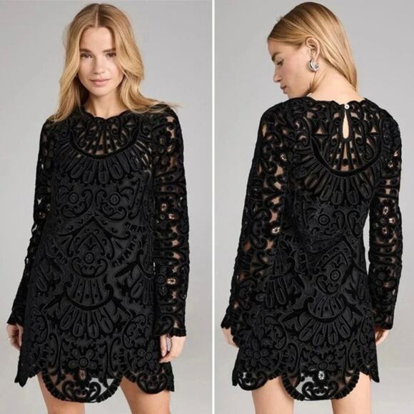 Sea New York Dana Dress Black Velvet Embroidered Illusion Mini Party Size 00 - Picture 1 of 16